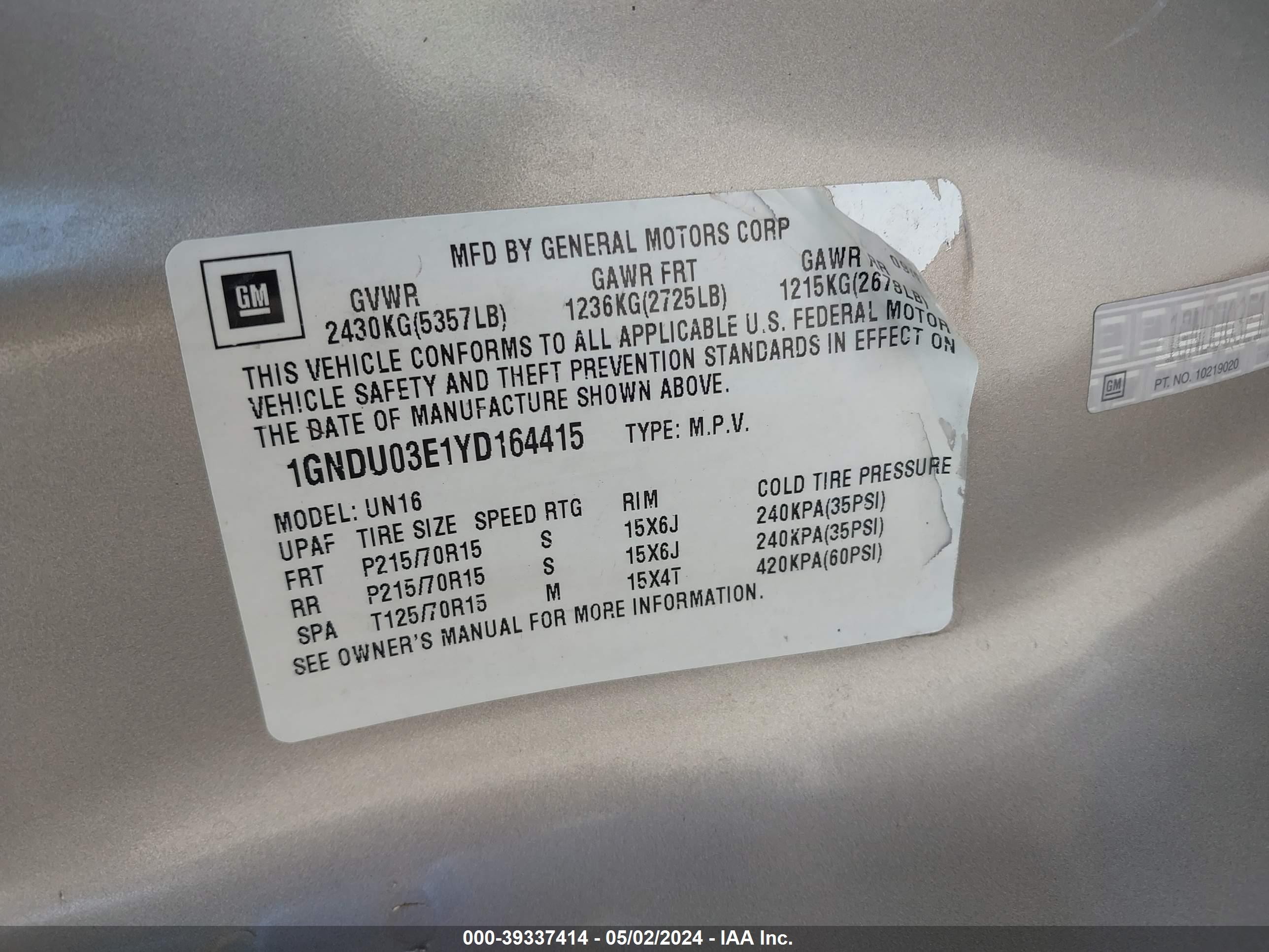 Photo 8 VIN: 1GNDU03E1YD164415 - CHEVROLET VENTURE 