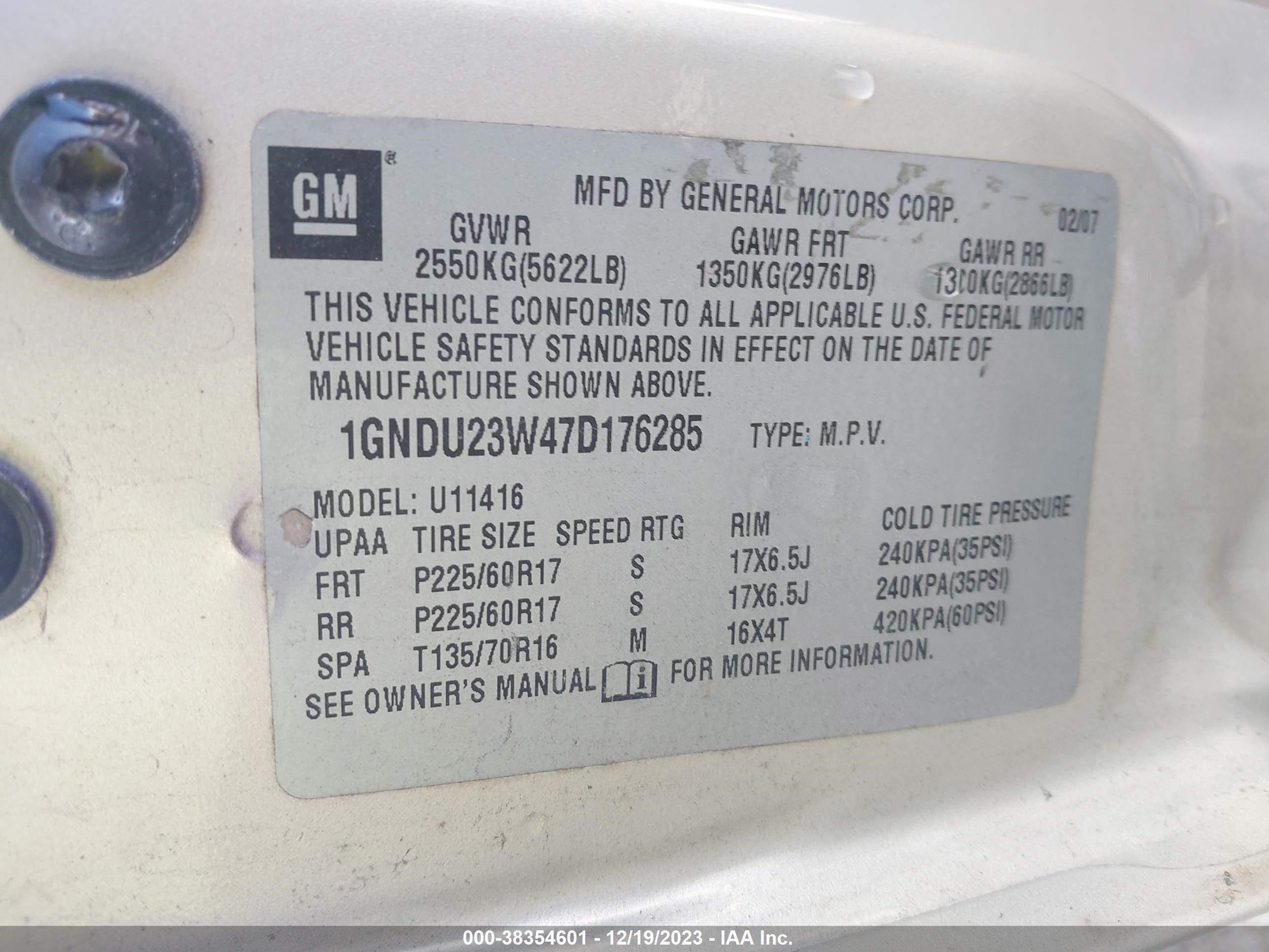 Photo 8 VIN: 1GNDU23W47D176285 - CHEVROLET UPLANDER 