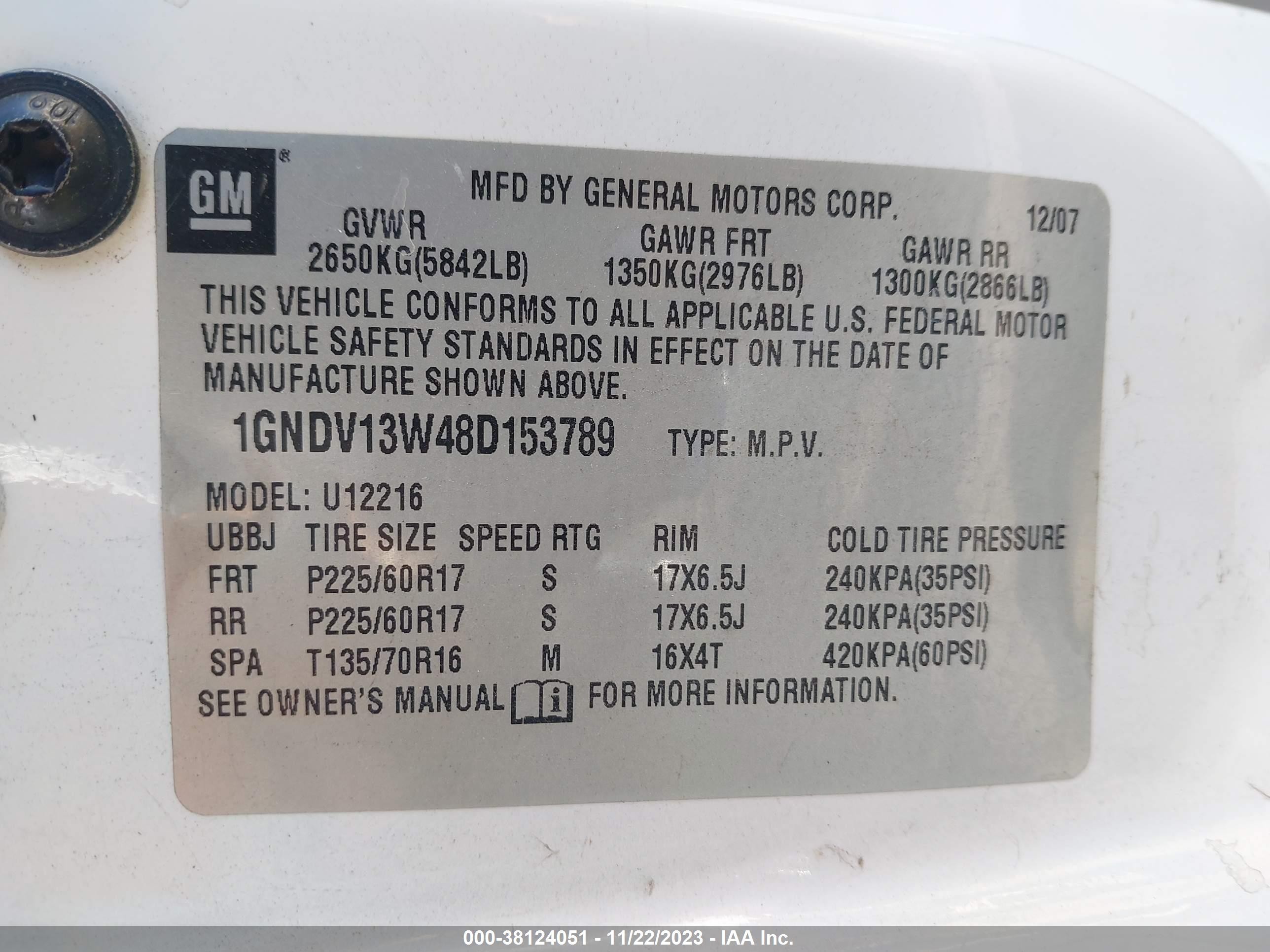 Photo 8 VIN: 1GNDV13W48D153789 - CHEVROLET UPLANDER 