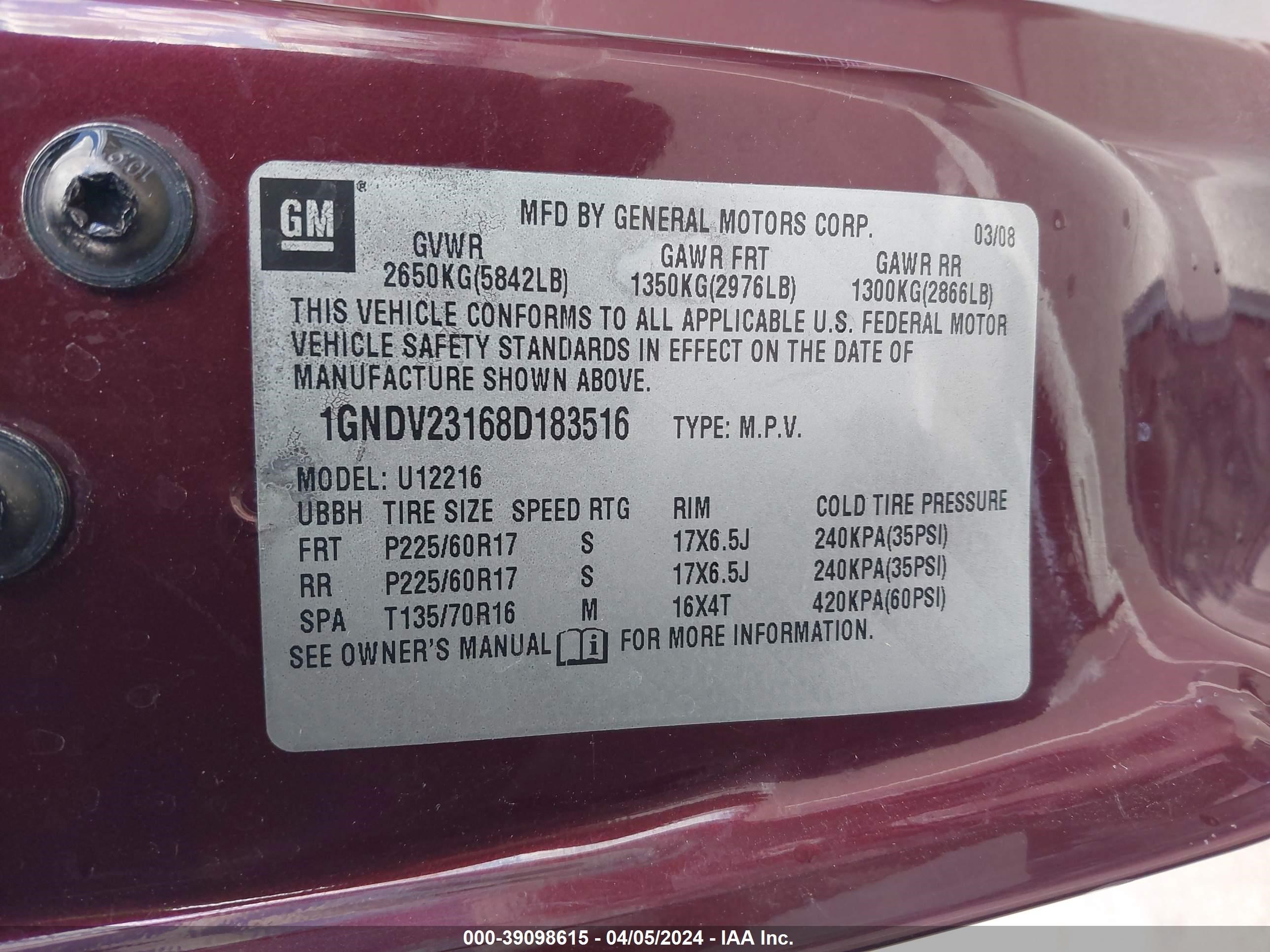 Photo 8 VIN: 1GNDV23168D183516 - CHEVROLET UPLANDER 