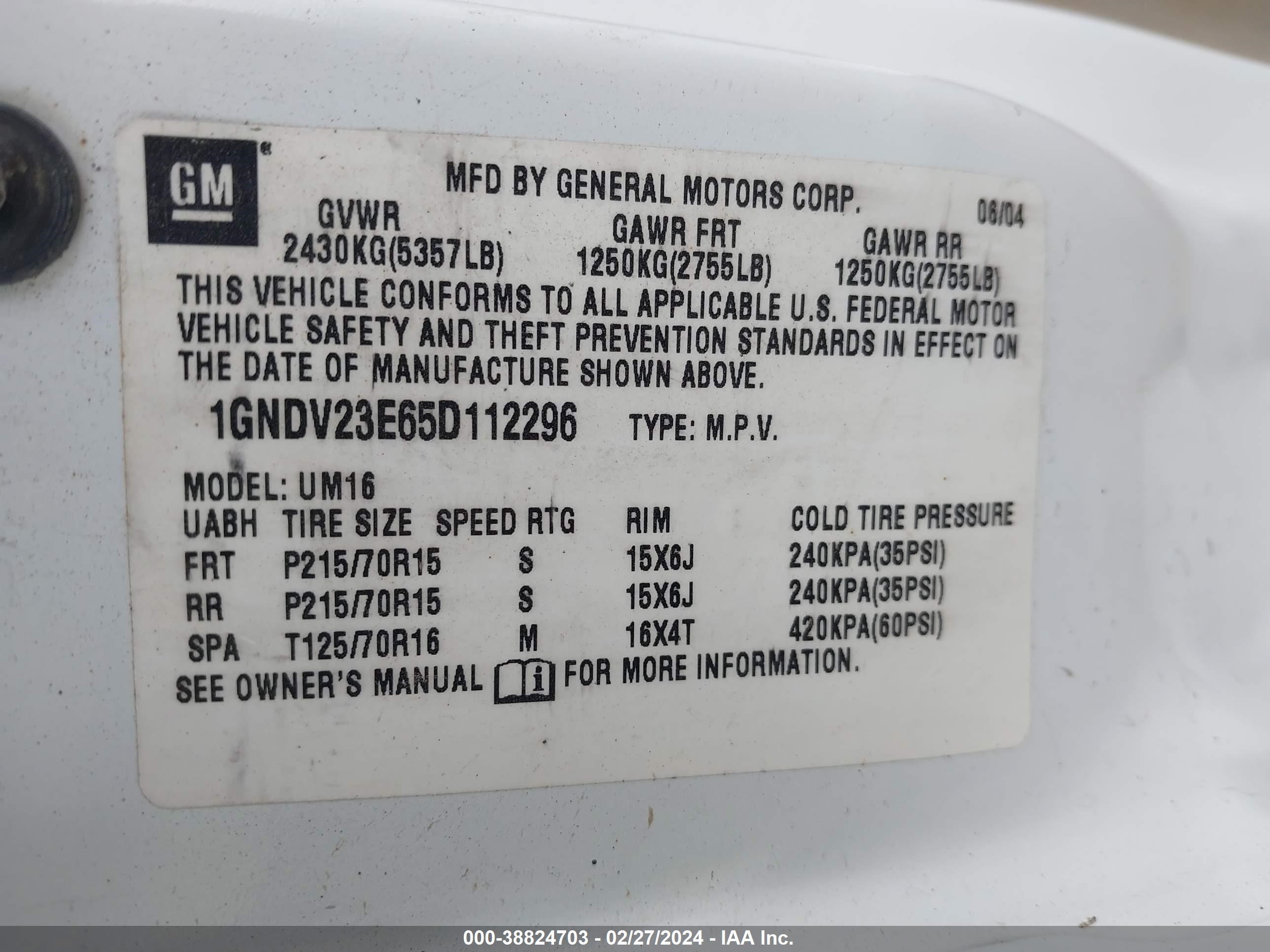 Photo 8 VIN: 1GNDV23E65D112296 - CHEVROLET VENTURE 