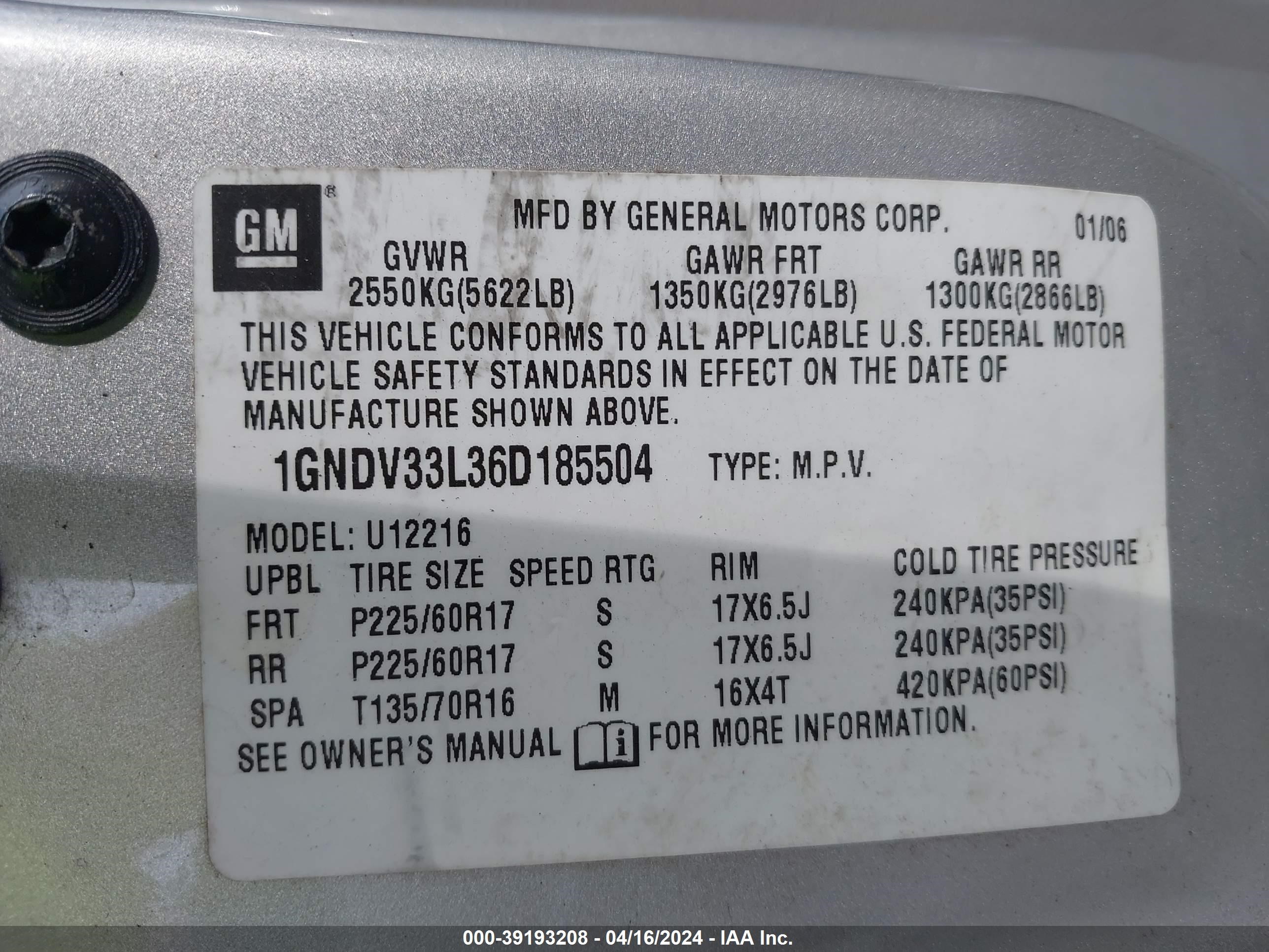 Photo 8 VIN: 1GNDV33L36D185504 - CHEVROLET UPLANDER 