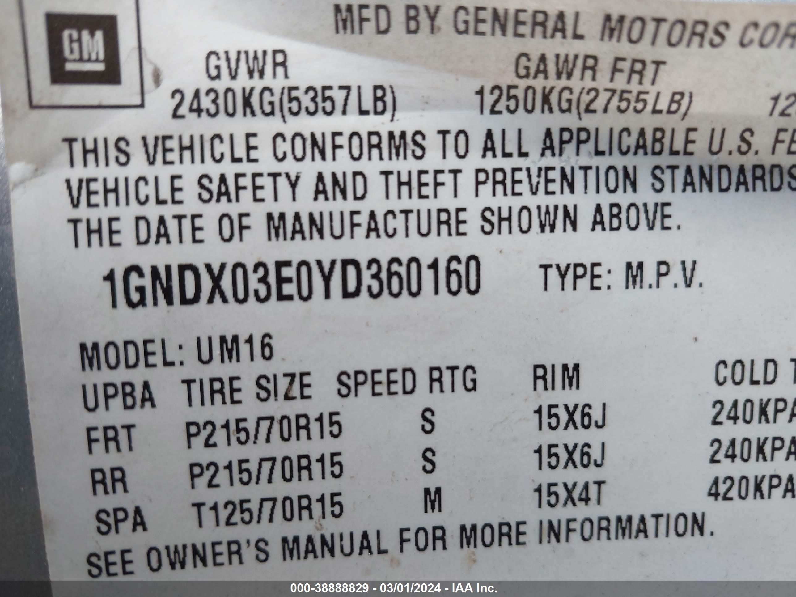 Photo 8 VIN: 1GNDX03E0YD360160 - CHEVROLET VENTURE 