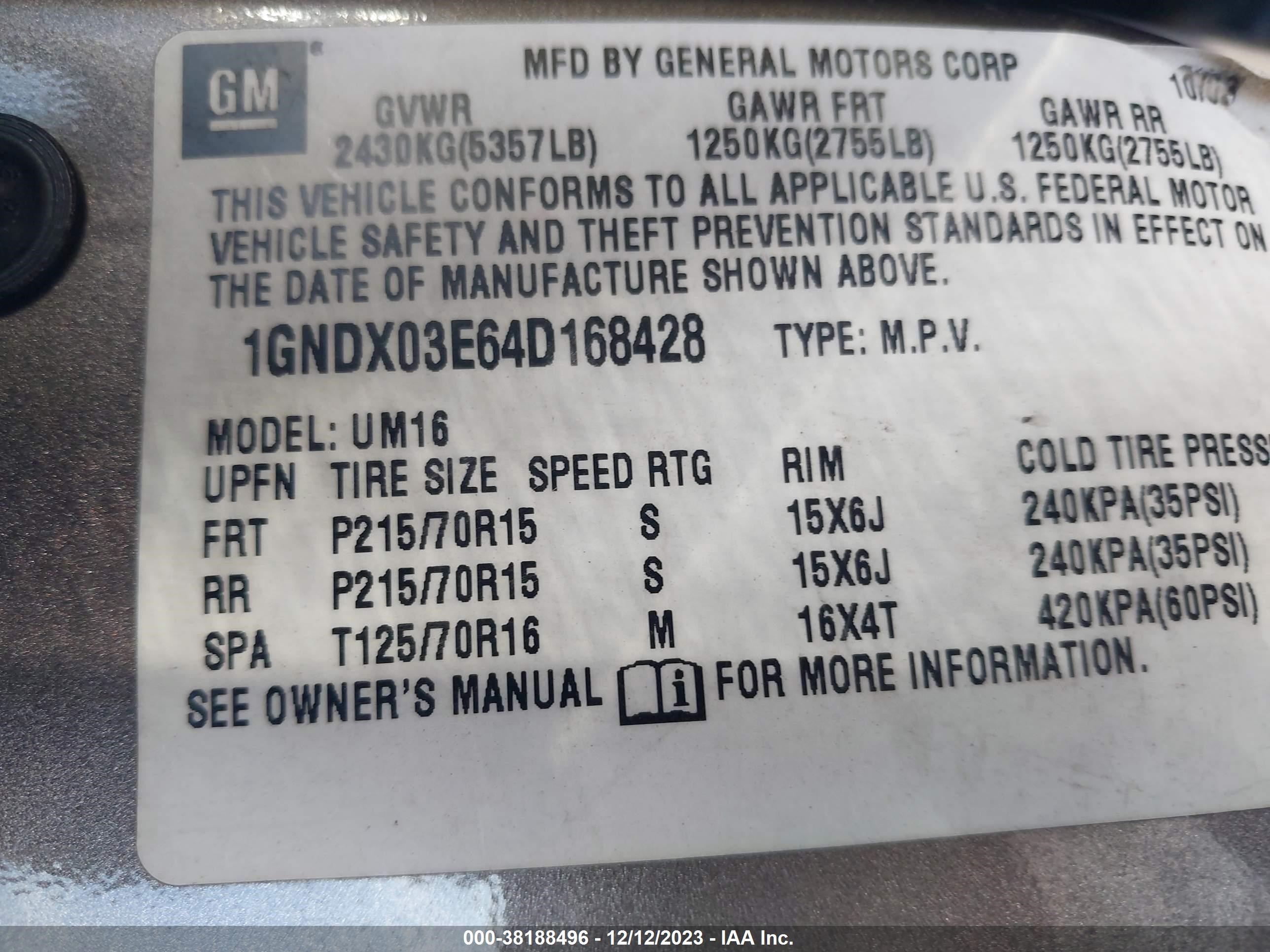 Photo 8 VIN: 1GNDX03E64D168428 - CHEVROLET VENTURE 