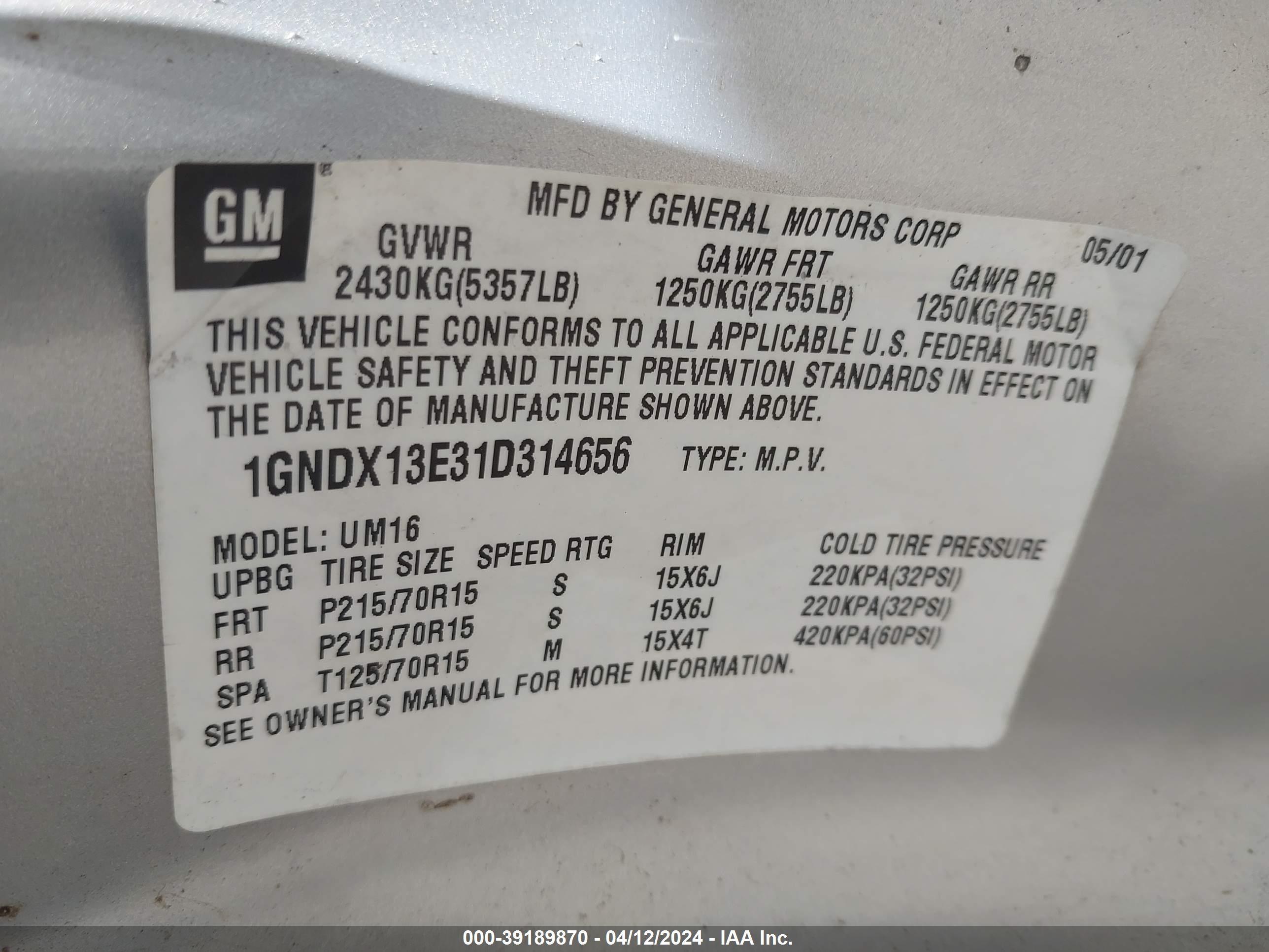 Photo 8 VIN: 1GNDX13E31D314656 - CHEVROLET VENTURE 