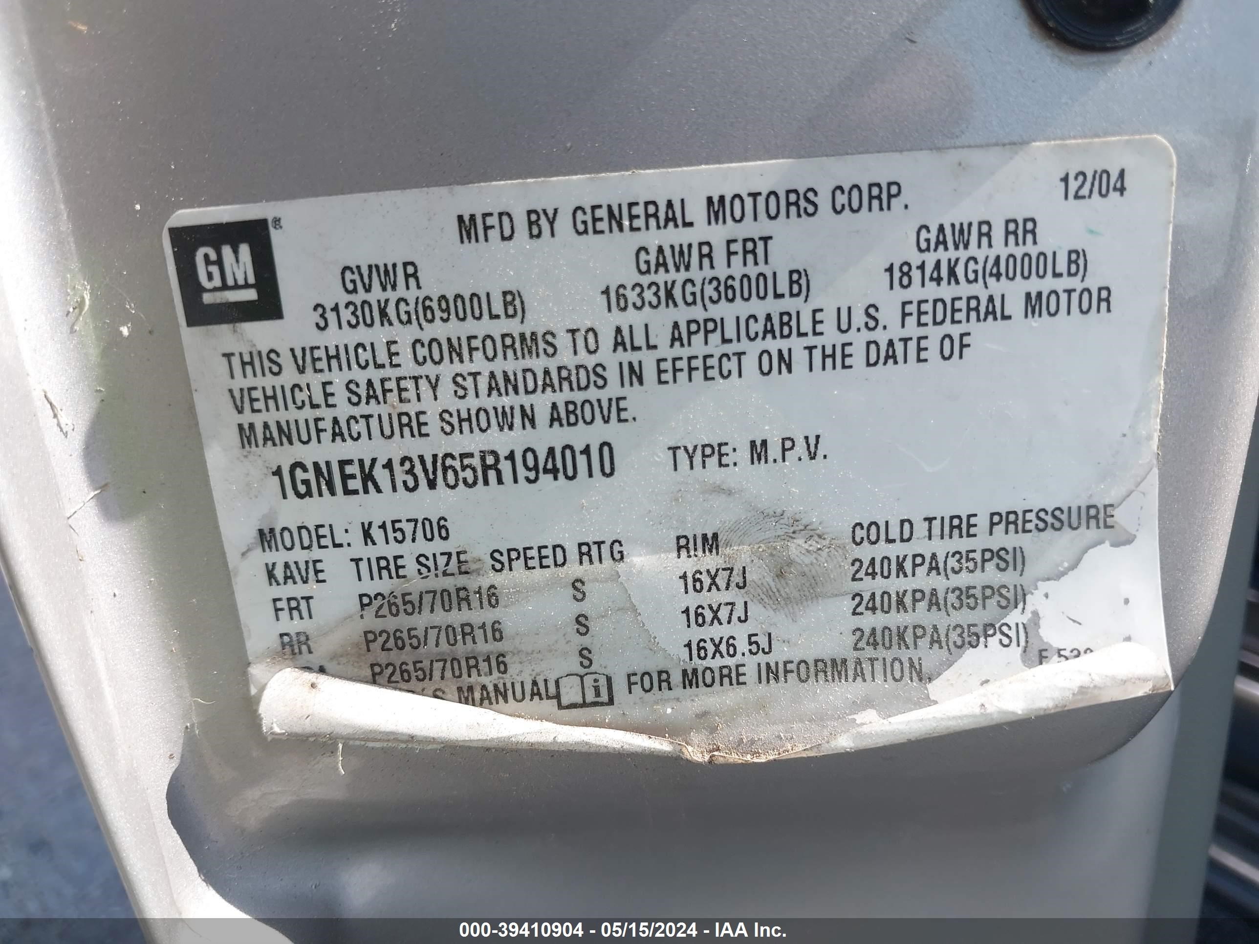 Photo 8 VIN: 1GNEK13V65R194010 - CHEVROLET TAHOE 