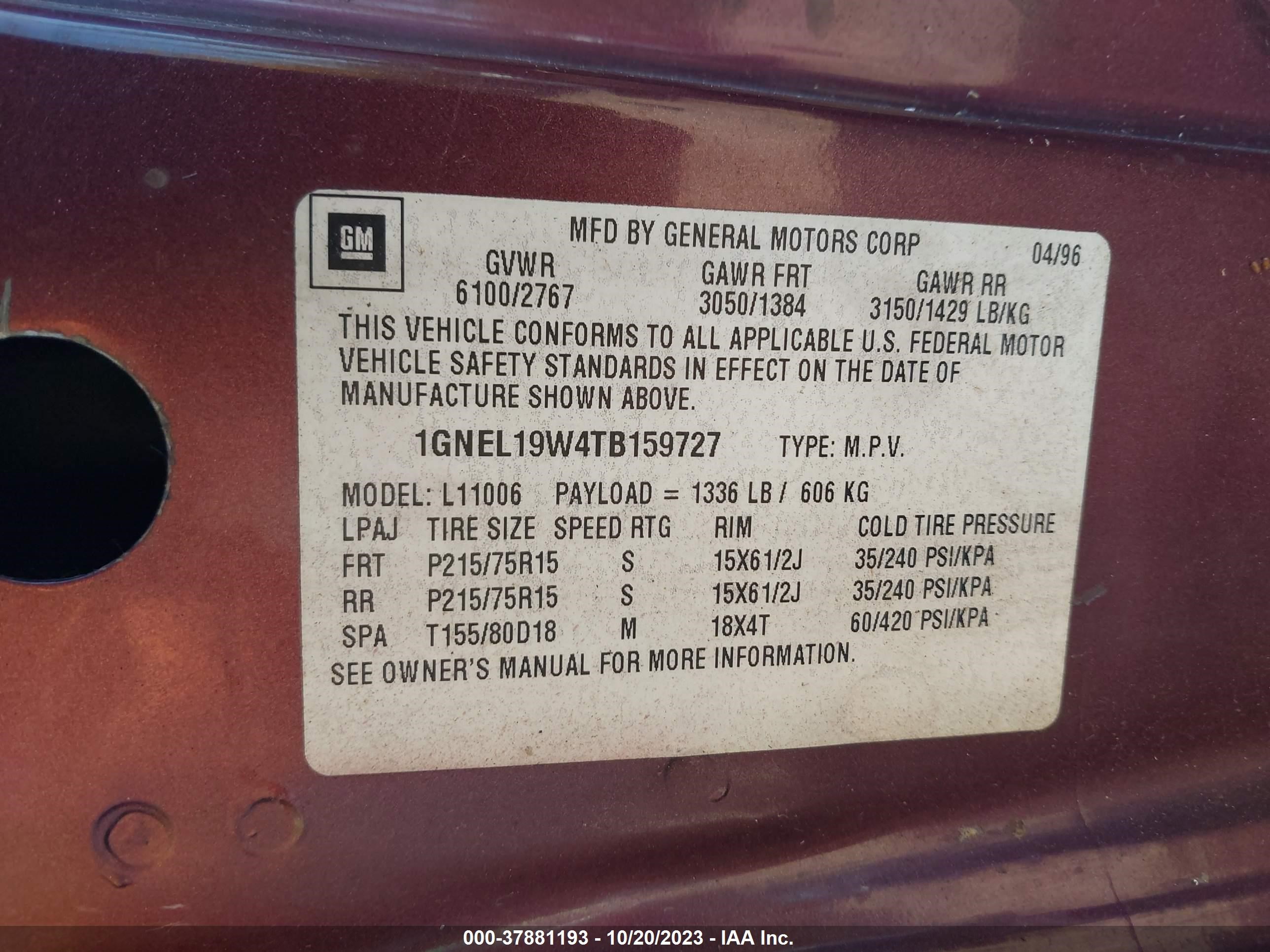 Photo 8 VIN: 1GNEL19W4TB159727 - CHEVROLET ASTRO 