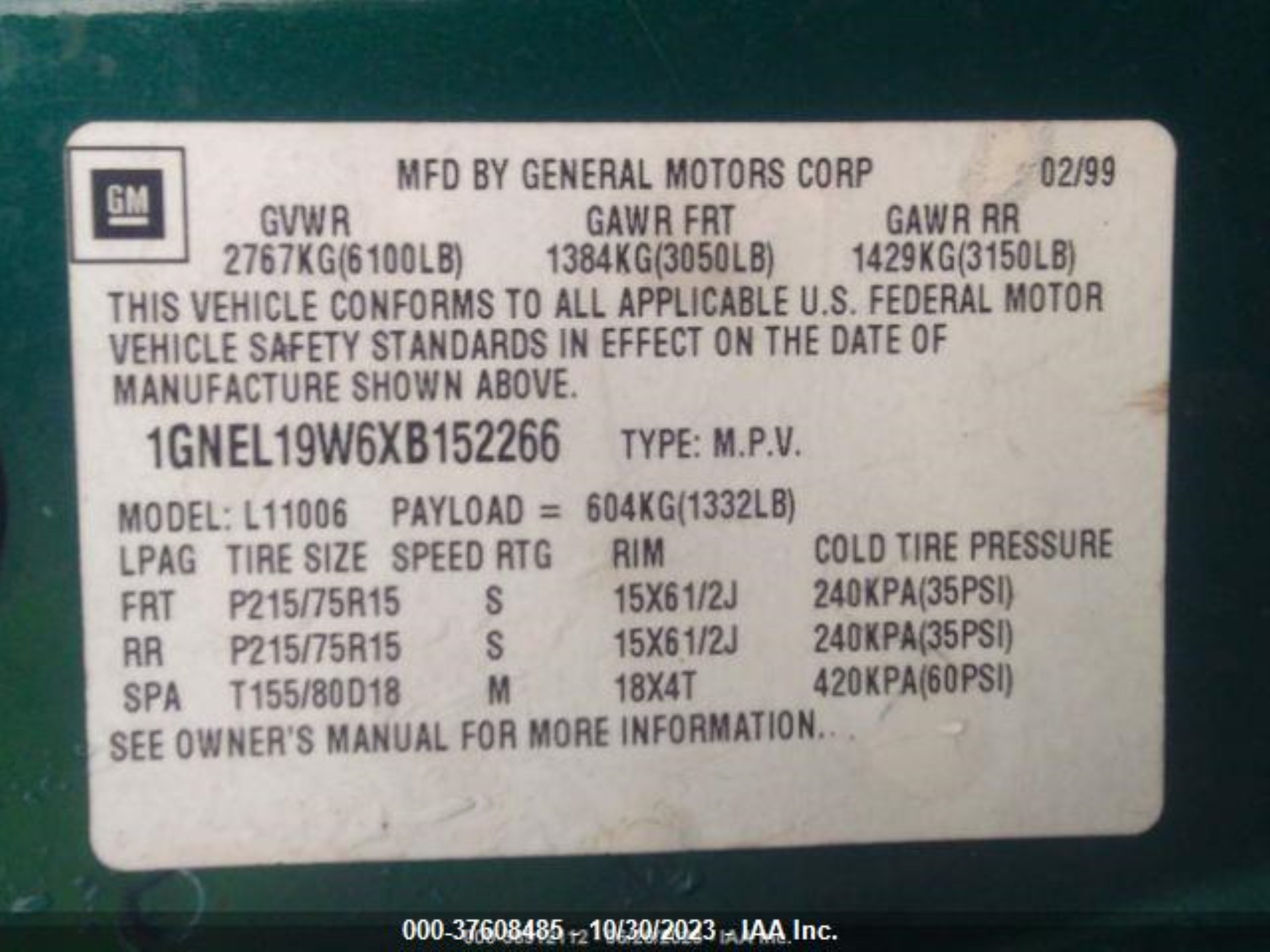 Photo 8 VIN: 1GNEL19W6XB152266 - CHEVROLET ASTRO 