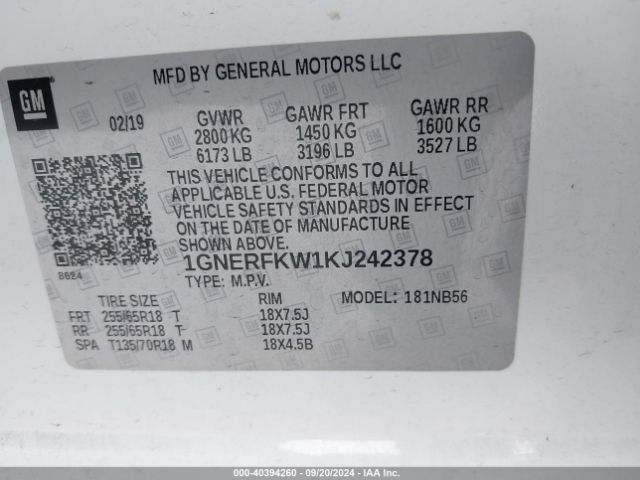 Photo 8 VIN: 1GNERFKW1KJ242378 - CHEVROLET TRAVERSE 