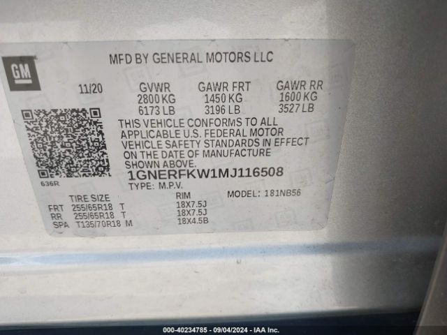 Photo 8 VIN: 1GNERFKW1MJ116508 - CHEVROLET TRAVERSE 