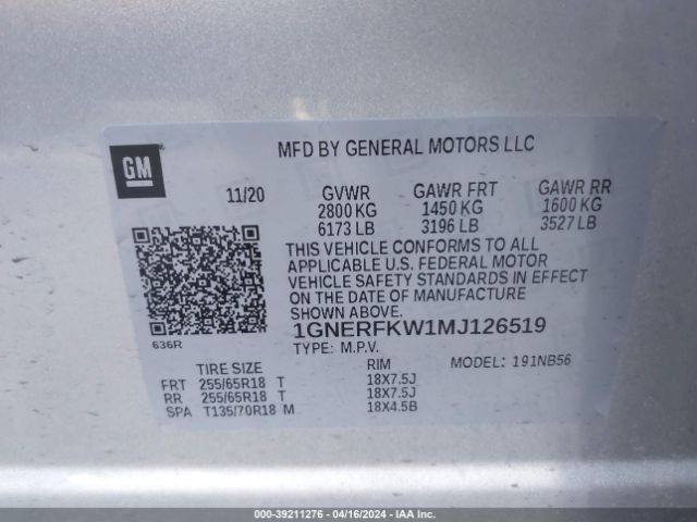 Photo 8 VIN: 1GNERFKW1MJ126519 - CHEVROLET TRAVERSE 