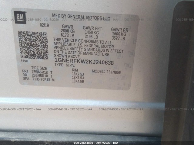 Photo 8 VIN: 1GNERFKW2KJ240638 - CHEVROLET TRAVERSE 