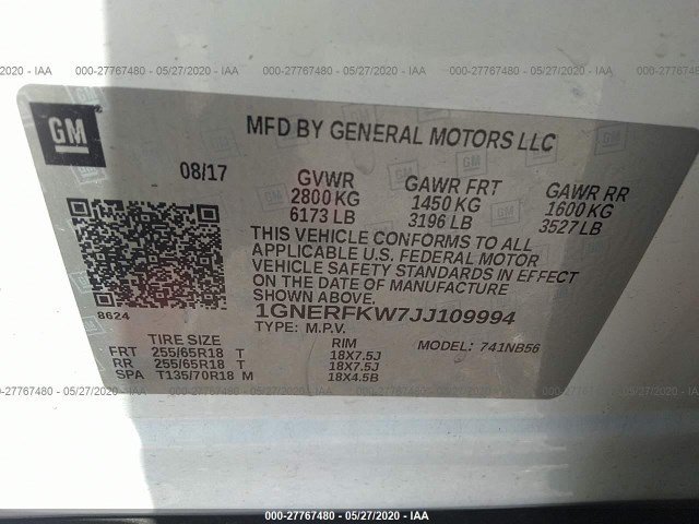 Photo 8 VIN: 1GNERFKW7JJ109994 - CHEVROLET TRAVERSE 