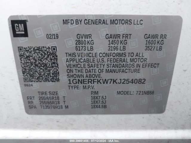 Photo 8 VIN: 1GNERFKW7KJ254082 - CHEVROLET TRAVERSE 