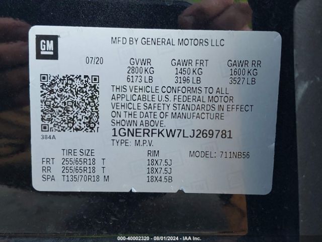 Photo 8 VIN: 1GNERFKW7LJ269781 - CHEVROLET TRAVERSE 