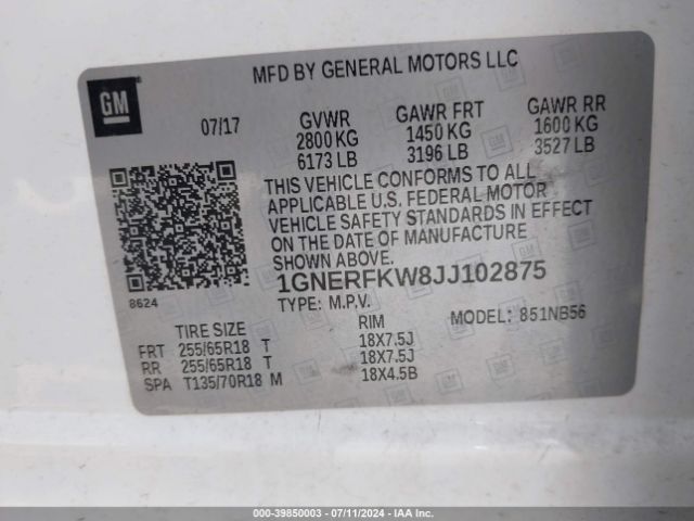 Photo 8 VIN: 1GNERFKW8JJ102875 - CHEVROLET TRAVERSE 