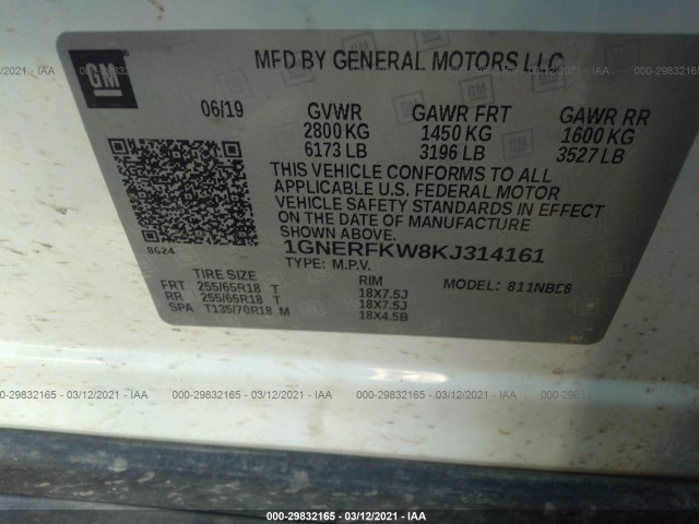 Photo 8 VIN: 1GNERFKW8KJ314161 - CHEVROLET TRAVERSE 