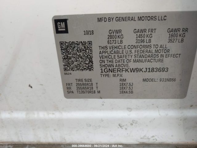 Photo 8 VIN: 1GNERFKW9KJ183693 - CHEVROLET TRAVERSE 