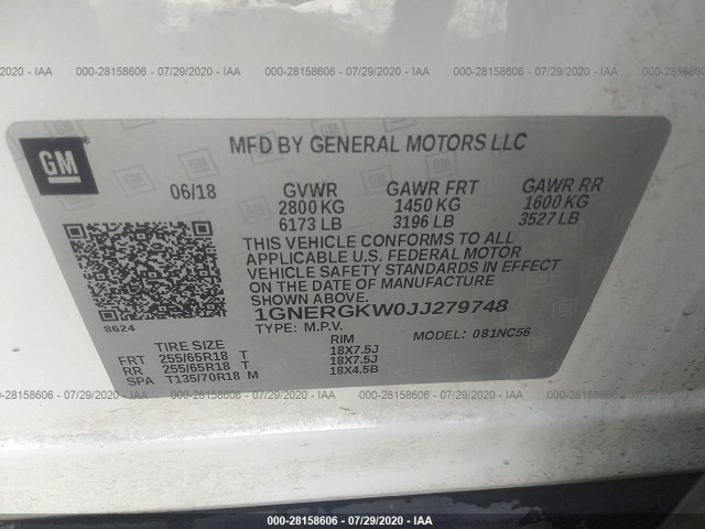 Photo 8 VIN: 1GNERGKW0JJ279748 - CHEVROLET TRAVERSE 