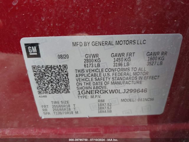 Photo 8 VIN: 1GNERGKW0LJ299646 - CHEVROLET TRAVERSE 