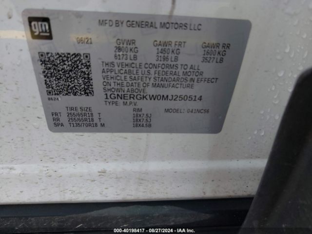 Photo 8 VIN: 1GNERGKW0MJ250514 - CHEVROLET TRAVERSE 