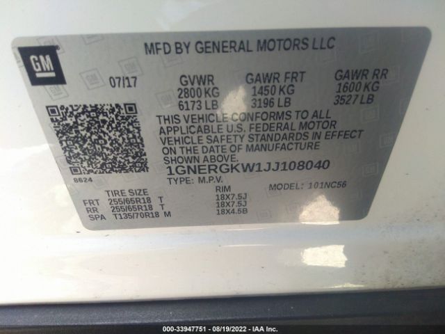 Photo 8 VIN: 1GNERGKW1JJ108040 - CHEVROLET TRAVERSE 