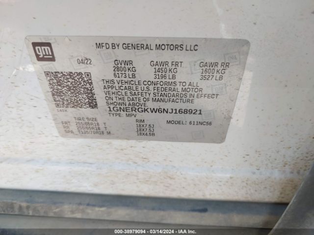 Photo 8 VIN: 1GNERGKW6NJ168921 - CHEVROLET TRAVERSE 