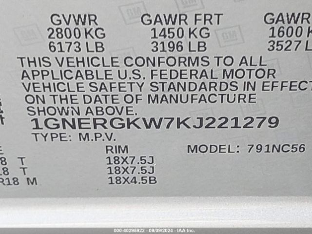 Photo 8 VIN: 1GNERGKW7KJ221279 - CHEVROLET TRAVERSE 