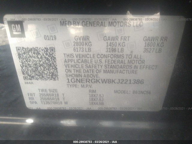 Photo 8 VIN: 1GNERGKW8KJ221386 - CHEVROLET TRAVERSE 