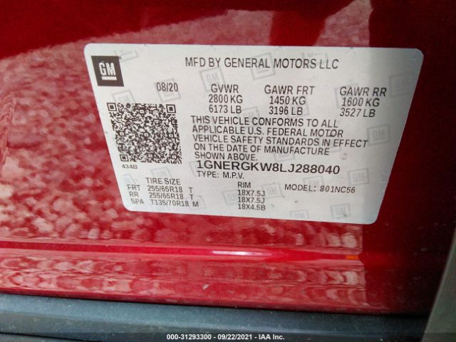 Photo 8 VIN: 1GNERGKW8LJ288040 - CHEVROLET TRAVERSE 