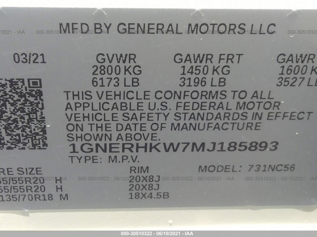 Photo 8 VIN: 1GNERHKW7MJ185893 - CHEVROLET TRAVERSE 