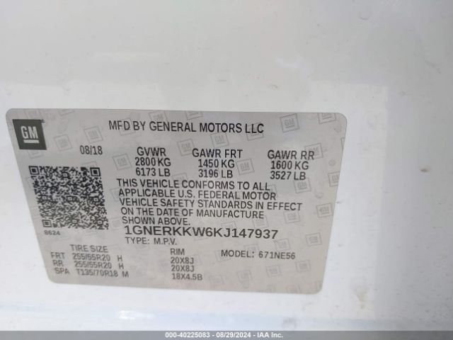 Photo 8 VIN: 1GNERKKW6KJ147937 - CHEVROLET TRAVERSE 