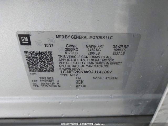 Photo 8 VIN: 1GNERKKW9JJ141807 - CHEVROLET TRAVERSE 