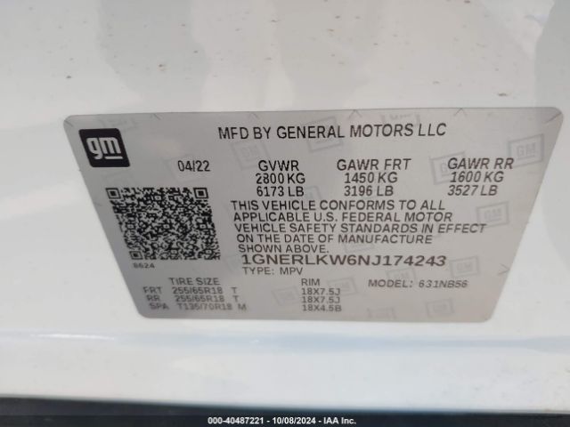 Photo 8 VIN: 1GNERLKW6NJ174243 - CHEVROLET TRAVERSE 