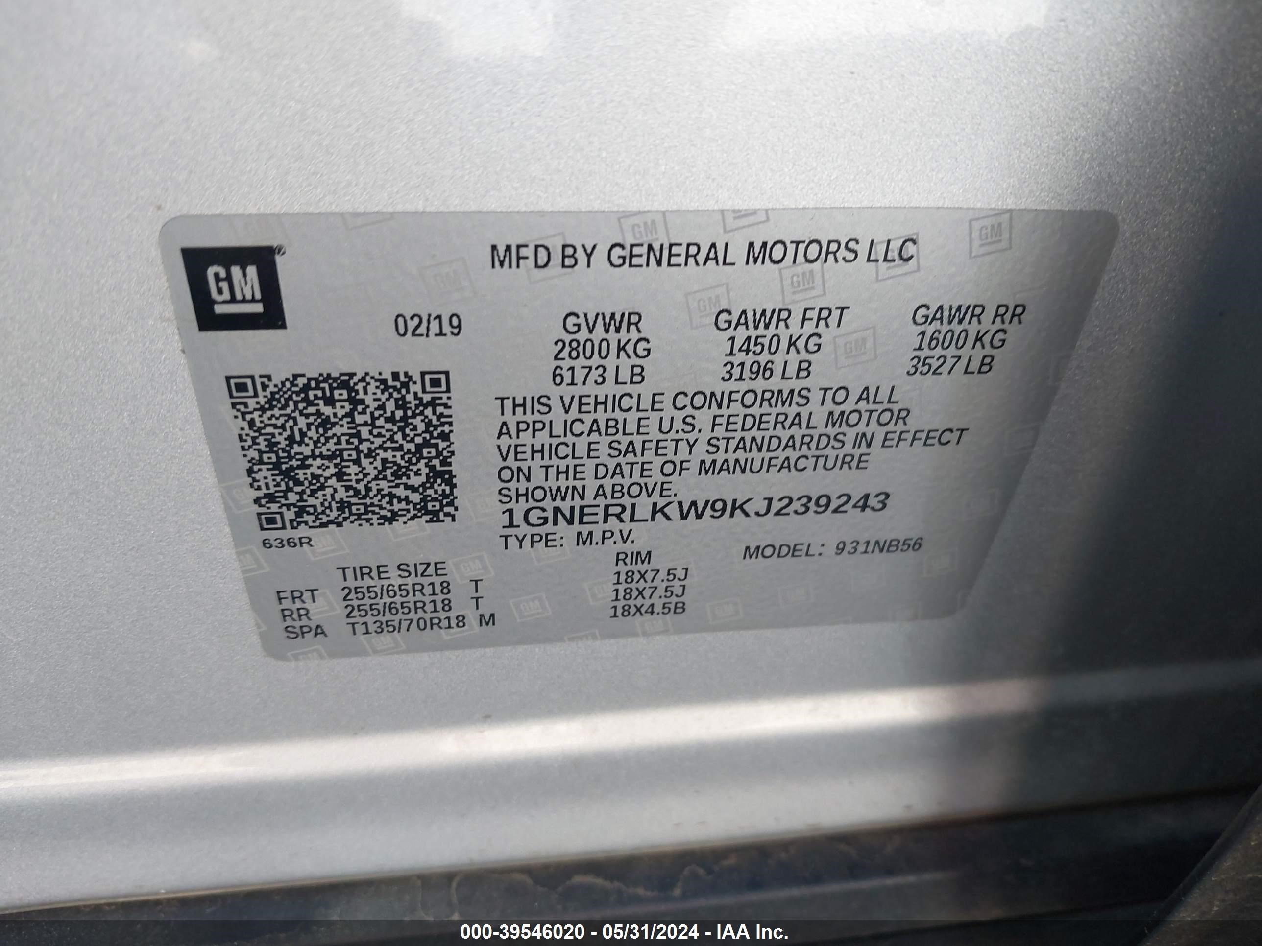 Photo 8 VIN: 1GNERLKW9KJ239243 - CHEVROLET TRAVERSE 