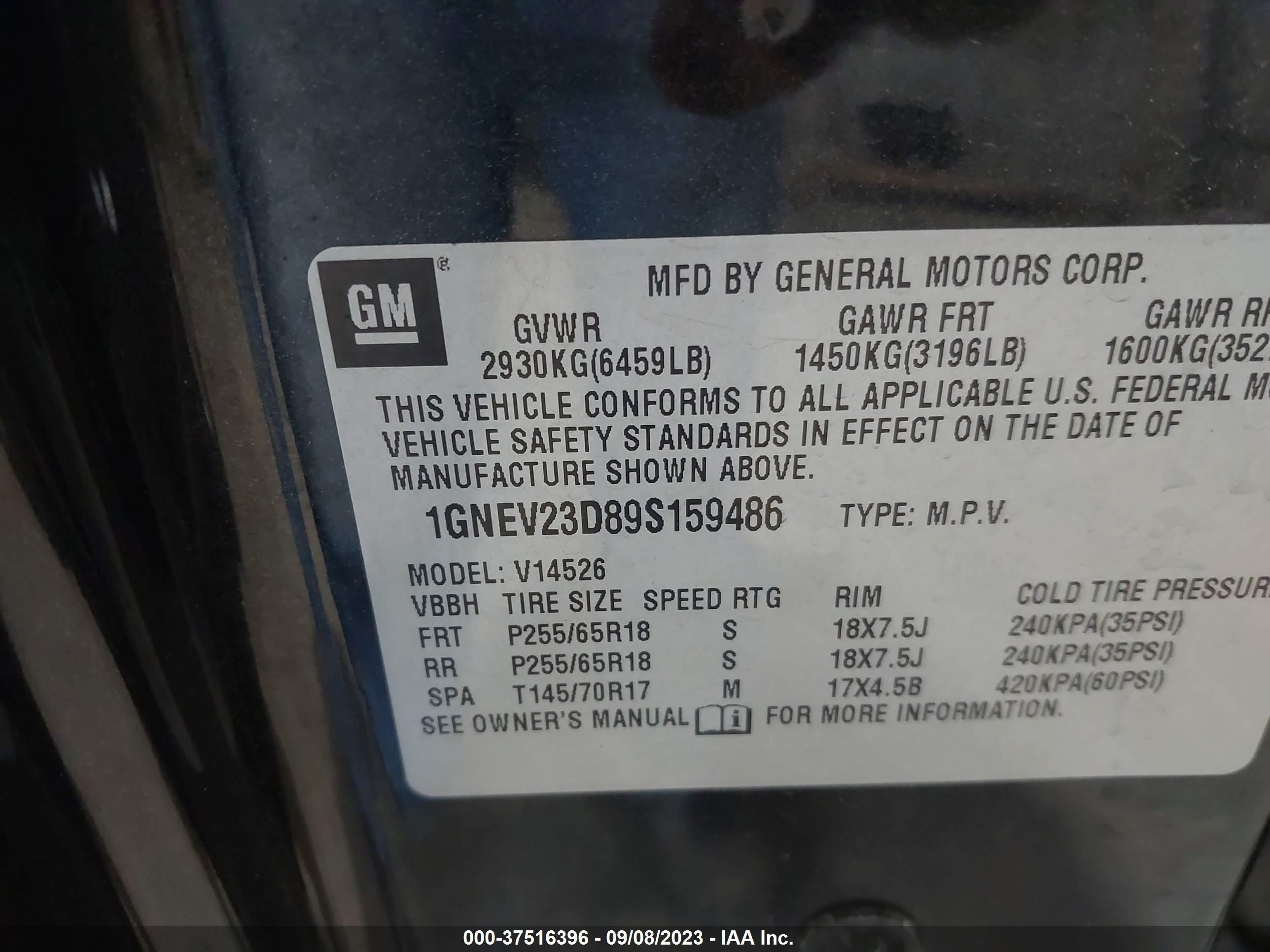 Photo 8 VIN: 1GNEV23D89S159486 - CHEVROLET TRAVERSE 