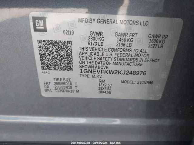 Photo 8 VIN: 1GNEVFKW2KJ248976 - CHEVROLET TRAVERSE L 