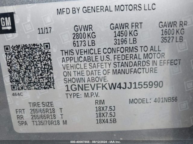 Photo 8 VIN: 1GNEVFKW4JJ155990 - CHEVROLET TRAVERSE 