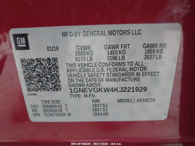 Photo 8 VIN: 1GNEVFKW4KJ253998 - CHEVROLET TRAVERSE 