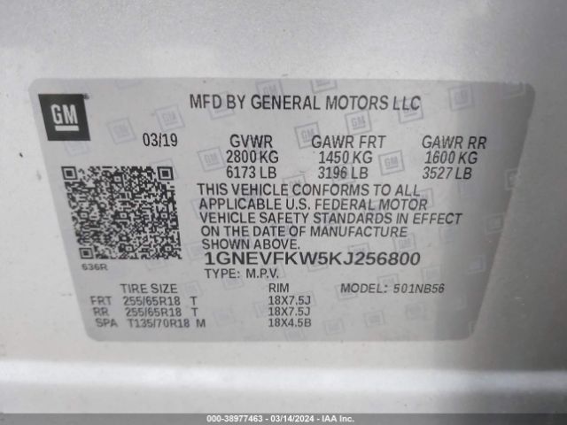 Photo 8 VIN: 1GNEVFKW5KJ256800 - CHEVROLET TRAVERSE 