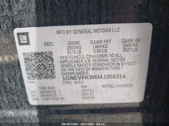 Photo 8 VIN: 1GNEVFKW6MJ206314 - CHEVROLET TRAVERSE 