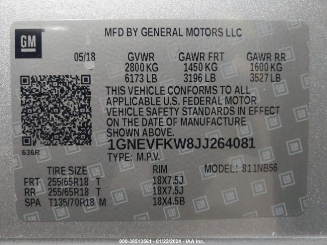 Photo 8 VIN: 1GNEVFKW8JJ264081 - CHEVROLET TRAVERSE 