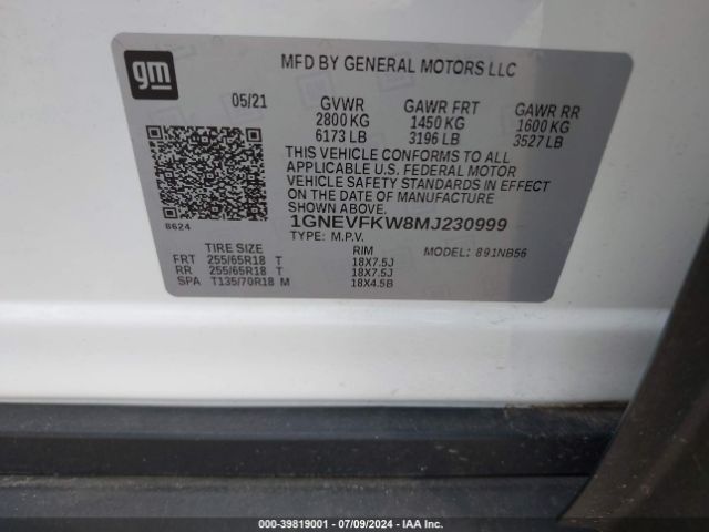 Photo 8 VIN: 1GNEVFKW8MJ230999 - CHEVROLET TRAVERSE 