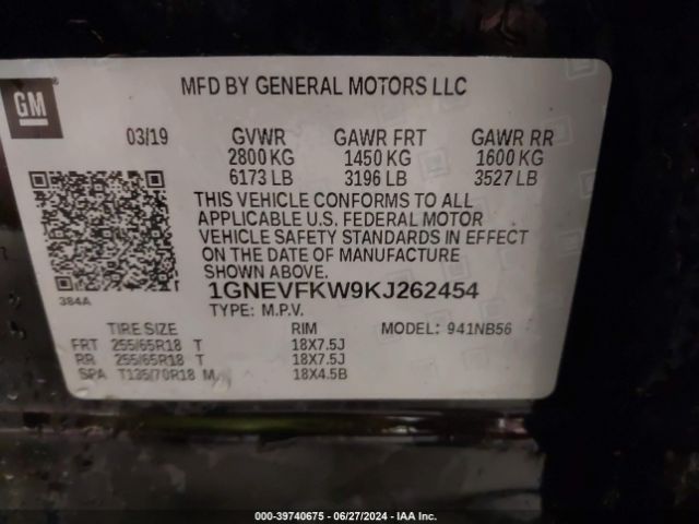 Photo 8 VIN: 1GNEVFKW9KJ262454 - CHEVROLET TRAVERSE 