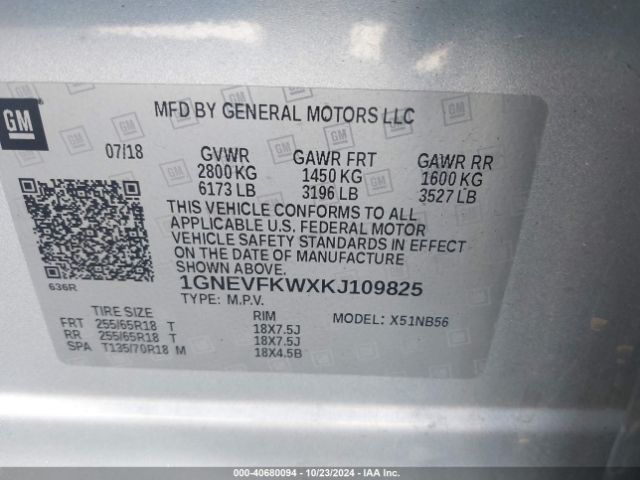 Photo 8 VIN: 1GNEVFKWXKJ109825 - CHEVROLET TRAVERSE 