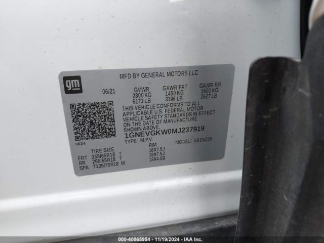 Photo 8 VIN: 1GNEVGKW0MJ237919 - CHEVROLET TRAVERSE 