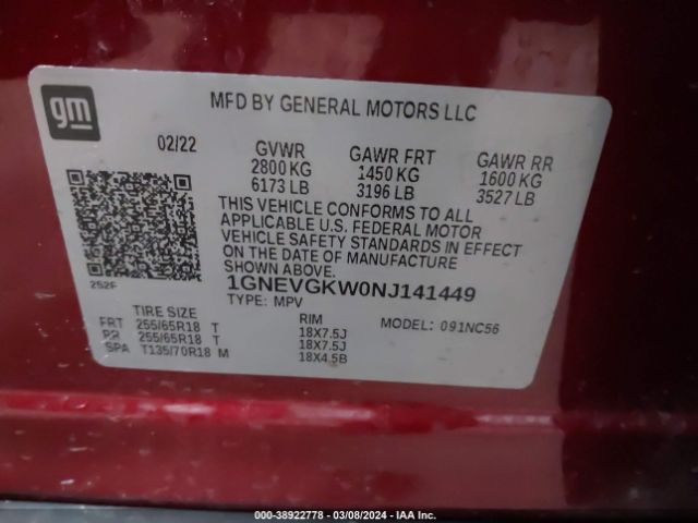 Photo 8 VIN: 1GNEVGKW0NJ141449 - CHEVROLET TRAVERSE 