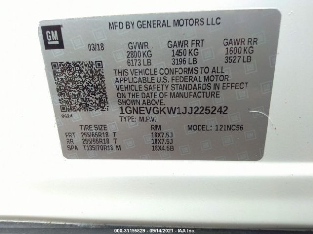 Photo 8 VIN: 1GNEVGKW1JJ225242 - CHEVROLET TRAVERSE 