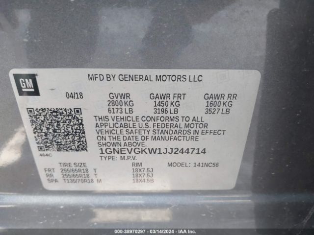 Photo 8 VIN: 1GNEVGKW1JJ244714 - CHEVROLET TRAVERSE 