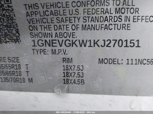 Photo 8 VIN: 1GNEVGKW1KJ270151 - CHEVROLET TRAVERSE 